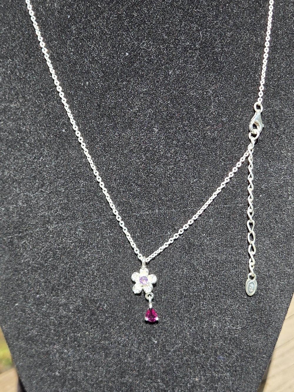 Silver Flower Necklace with Pink and Purple Stones